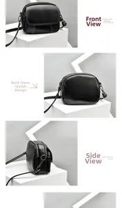 Three-way view of a black pebbled leather crossbody bag showing front back and side profiles