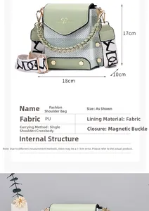 Dimensioni dettagliate della borsa a tracolla verde chiaro con logo a freccia in metallo e calamita
