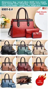 Three-piece women's tote set with detailed dimensions for large, small, and card bags