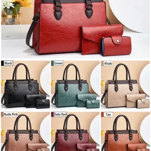 Three-piece retro textured tote bag set with wallet and card holder in multiple colors