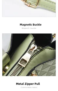Détail du sac en cuir matelassé vert clair avec boucle dorée réglable et zip