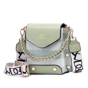 Mini green patchwork crossbody bag with gold chain and printed strap on white background