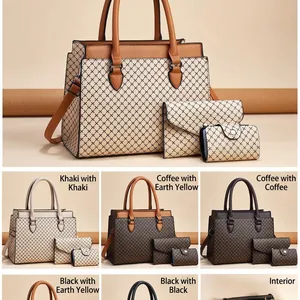 Three-piece printed tote bag set with crossbody bag and wallet in textured leather