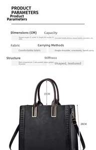 Specifiche dimensionali per borsa in pelle nera goffrata con motivi floreali, 33x14x28cm