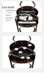 Détails de l'intérieur d'un sac à bandoulière en cuir brun avec compartiments spacieux