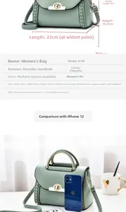 Detailed size dimensions of light green PU leather handbag shown with iPhone 12 for scale