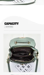 Internal view showing multiple compartments and layers of the light green handbag