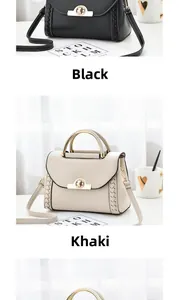 Detail view of khaki and black crossbody handbags featuring retro metal twist locks