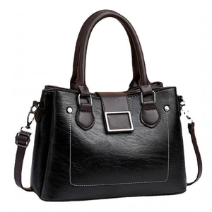 Large vintage contrast color faux leather tote bag with silver buckle and white stitching