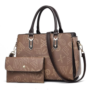Brown graffiti print large tote bag and matching wallet set with detachable strap