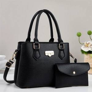 Black litchi pattern tote bag set with detachable shoulder strap and small pouch