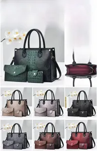 Detailed size specifications and interior structure of crocodile pattern three-piece bag set