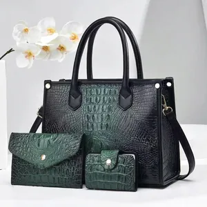 3-piece dark green crocodile pattern handbag set with large tote and matching wallets