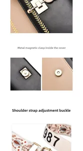 Detail of magnetic buckle closure and embroidered adjustable wide strap on crossbody bag