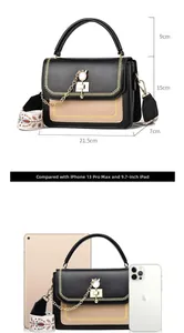 Contrast crossbody bag size guide with dimensions and comparison to iPad and iPhone