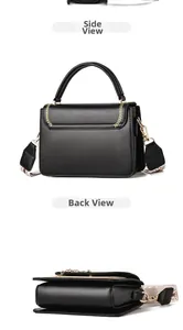 Side and back view of black crossbody bag with wide geometric strap and V-stitching details