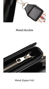 Close-up of golden hardware clasps and zipper detail on black leather crossbody bag