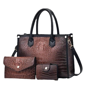 Three-piece dark brown crocodile embossed tote bag set with detachable shoulder strap
