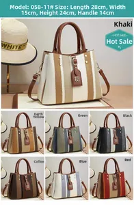 Detailraster gewebter gestreifter Canvas-Handtaschen in sieben Farben mit Ledergriffen