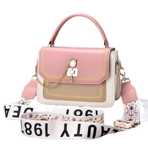 Color-block crossbody small square bag with cat charm and wide printed shoulder strap