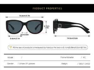 Size chart showing precise dimensions and specifications of cat-eye oversized sunglasses