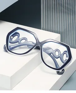 Detail of square glasses frame showing unique hollow chain temples and size specs