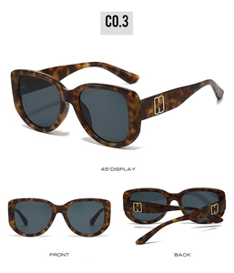 Three views of tortoise shell cat-eye sunglasses with H-shaped metal temple detail
