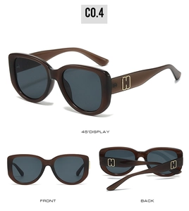 Three-view detail of oversized cat-eye sunglasses with golden H emblem on temples
