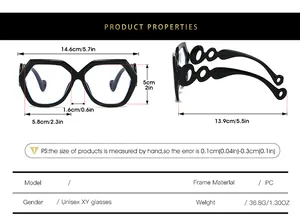 Detailed size chart for square frame glasses showing dimensions in cm and inches