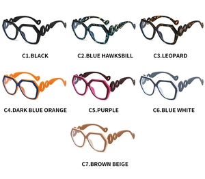 Detailed grid showing seven color variants of square oversized blue light glasses with chain deco