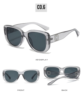 Detailed views of grey-purple cat eye sunglasses with metal H-letter buckle on temples