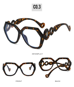 Three views of tortoiseshell geometric glasses featuring unique hollow chain-link temples