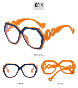 Three-way view of square orange eyeglass frames with blue accents and hollow temple tips