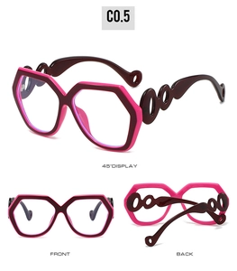 Detailed views of pink and brown hexagonal frames with unique circular hollowed temples