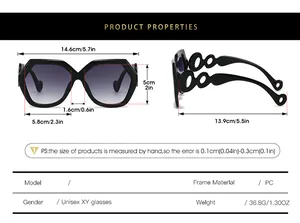 Tableau des tailles détaillé pour lunettes de soleil hexagonales avec dimensions