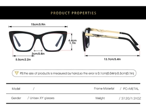 Size chart for blue light blocking cat-eye glasses with PC metal frame dimensions