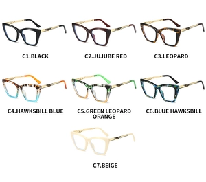 Detail view of colorful cat-eye glasses frames with embossed gold feather metal temples