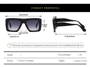 Detailed size chart for square sunglasses showing frame dimensions and specifications