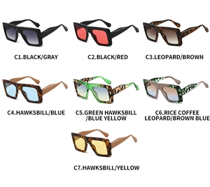 Matrix view of seven oversized square sunglasses in various color combinations and gradients