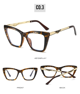 Three-angle view of oversized tortoise cat-eye frames with hollow gold metal temples