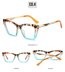 Detailed views of cat-eye glasses frame with blue gradient and gold metal temples