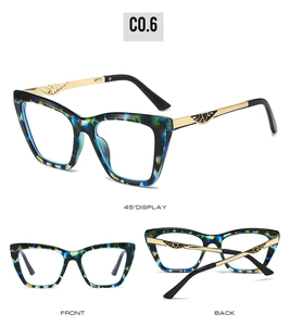 Three perspectives of cat-eye glasses frame featuring blue tortoise pattern and gold temples