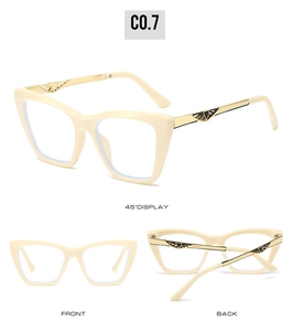 Detailed views of creamy white cat-eye glasses with hollow triangular golden metal temples