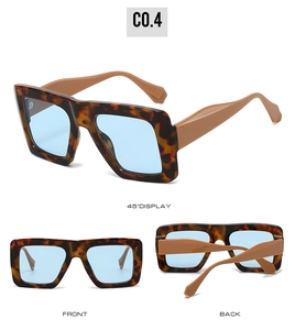 Three-way view of tortoise square sunglasses with light blue lenses and brown temples