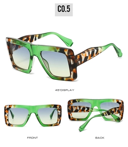 Detailed views of square oversized sunglasses with green frame and tortoiseshell temples