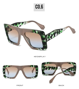Detailed views of square oversized sunglasses with green marble pattern and gradient lenses