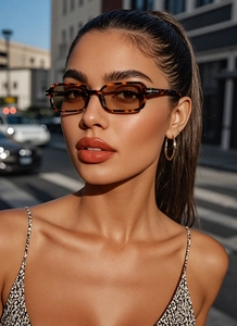 Detail of tortoise shell square sunglasses with light brown lenses on a model outdoors