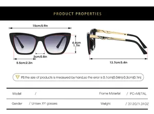 Detailed size specifications for cat eye sunglasses with gold geometric hollow temples