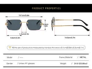 Detailed size chart for rimless polygon sunglasses with frame and lens measurements