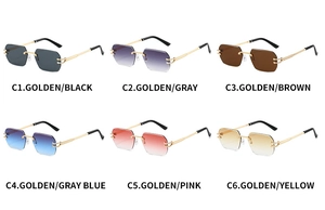 Detailed grid view showing six color options for rimless polygon sunglasses with gold temples